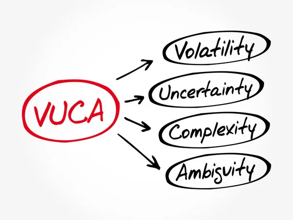 Vuca Volatilität Unsicherheit Komplexität Mehrdeutigkeit Akronym Geschäftskonzept Hintergrund — Stockvektor