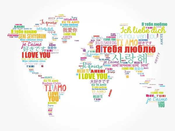 Love Words Love You Different Languages Shape World Map Word — Stock Vector