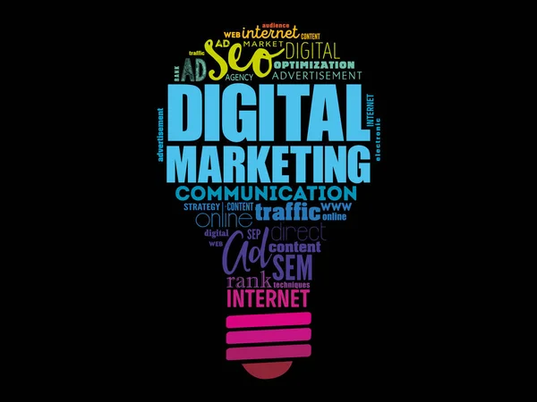 デジタルマーケティング電球ワードクラウド ビジネスコンセプトの背景 — ストックベクタ