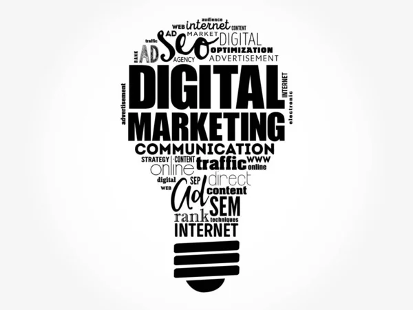 Digital Marketing Φως Λαμπτήρα Λέξη Σύννεφο Επιχειρηματική Ιδέα Φόντο — Διανυσματικό Αρχείο