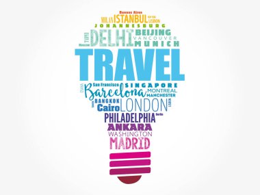 TRAVEL ampul kelime bulutu kelimelerle oluşturulan şehir isimleri, kavram arka planı