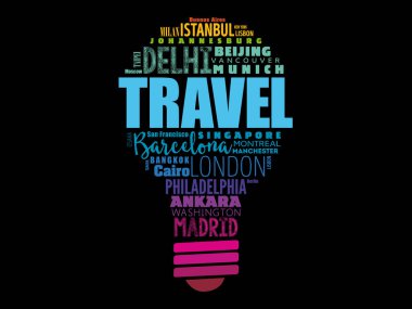 TRAVEL ampul kelime bulutu kelimelerle oluşturulan şehir isimleri, kavram arka planı