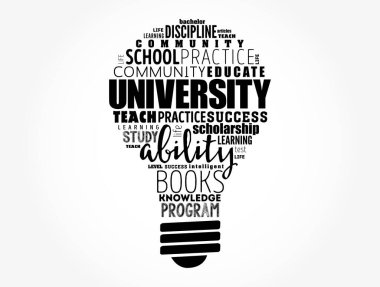Üniversite ampulü kelime bulut kolajı, eğitim konsepti geçmişi