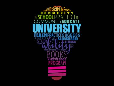 Üniversite ampulü kelime bulut kolajı, eğitim konsepti geçmişi