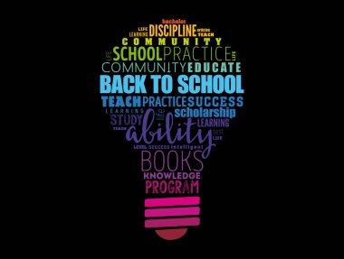 Okula dönüş ampul kelime bulut kolajı, eğitim konsepti geçmişi