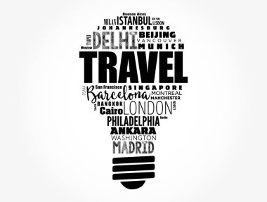 TRAVEL ampul kelime bulutu kelimelerle oluşturulan şehir isimleri, kavram arka planı
