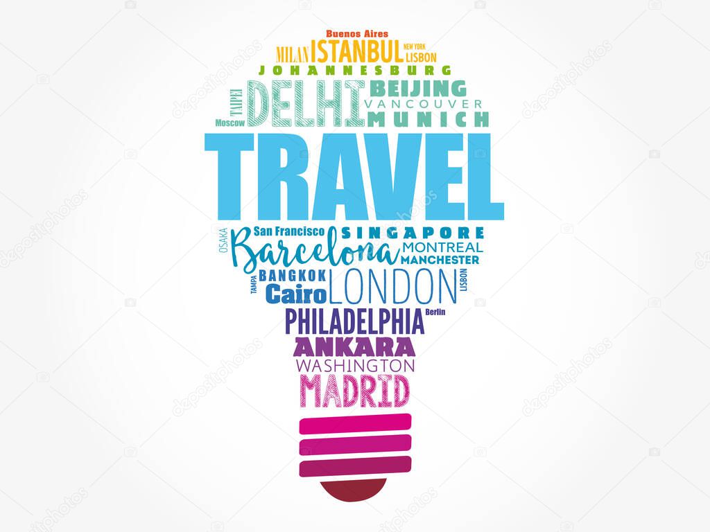 TRAVEL light bulb word cloud made with words cities names, concept background