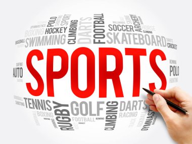 Spor kelime bulut kolajı, hobiler ve eğlence konsepti geçmişi