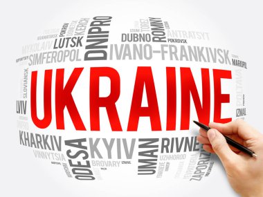 Ukrayna kelime kolajı, iş ve seyahat konsepti geçmişindeki şehirlerin listesi