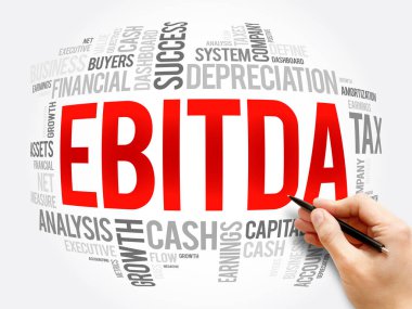 EBITDA (faizden önce gelir, vergiler, değer kaybı ve amortisman) kelime bulut kolajı, iş konsepti geçmişi