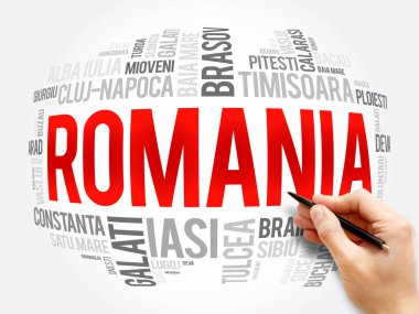 Romanya 'daki şehirlerin listesi kelime kolajı, iş ve seyahat kavramı geçmişi