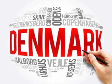 Danimarka 'daki şehirlerin ve şehirlerin listesi, kelime bulut kolajı, iş ve seyahat kavramı geçmişi
