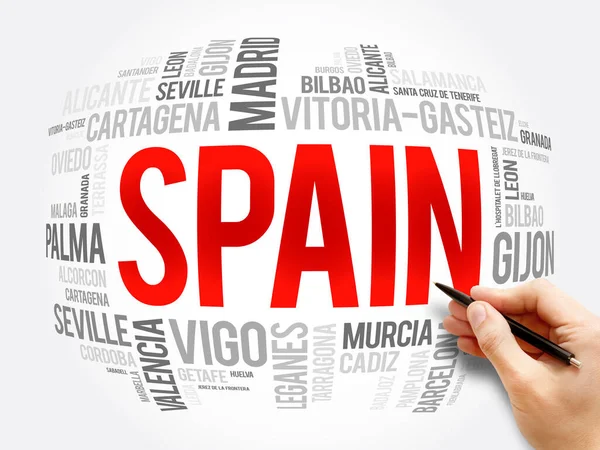 List of cities in Spain word cloud, Spanish municipalities, business and travel concept background