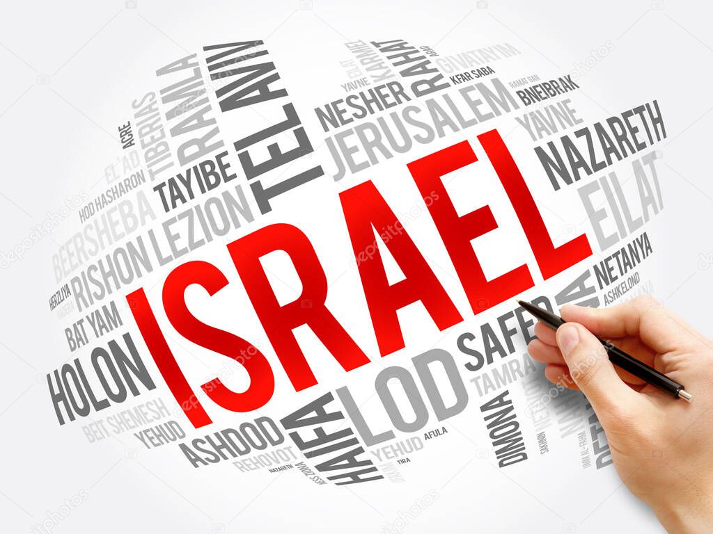 List of cities and towns in Israel, word cloud collage, business and travel concept background