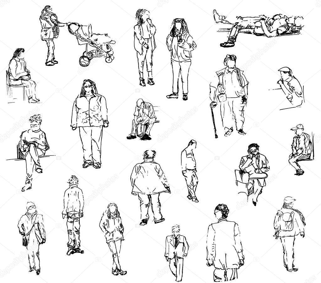 Fast sketches of people on a street.