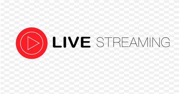 Live streaming logo piatto elemento di design vettoriale rosso con pulsante di riproduzione. Illustrazione dello stock vettoriale — Vettoriale Stock