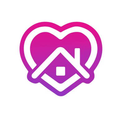 Evde kal, kalp mor ve pembe renk, ev etiketi vektörü.