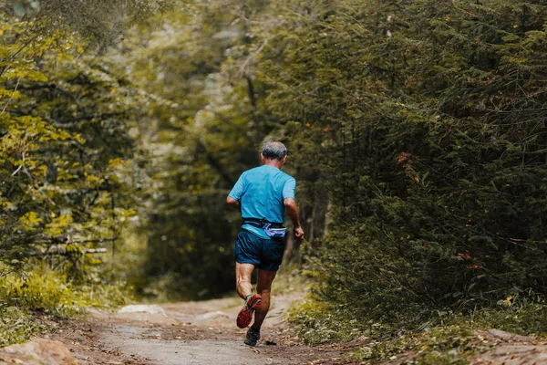 elderly man runner running in forest marathon