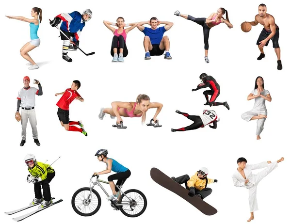 Beyaz arka planda spor yapan bir grup insan