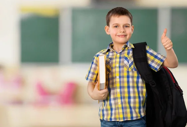 Menino da escola com livro e mochila — Fotografia de Stock