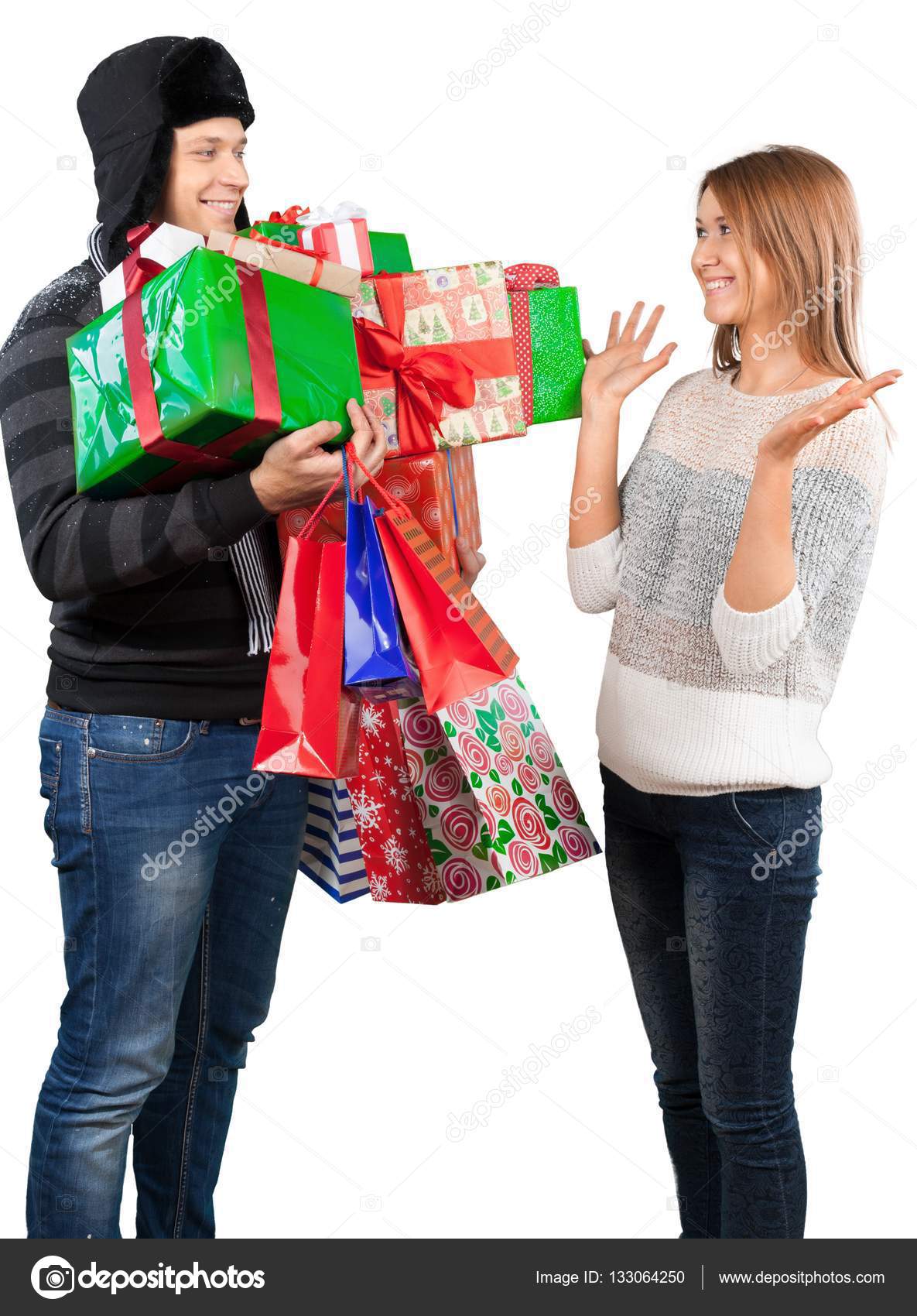 Man gives a girl a lot of gifts — Stock Photo © billiondigital 133064250