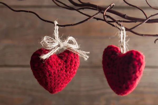 Corazones rojos colgando de una rama — Foto de Stock