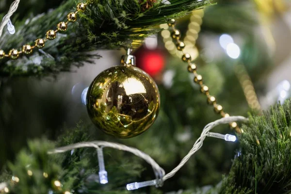 Red bauble on  christmas  fir tree — Stock Photo, Image