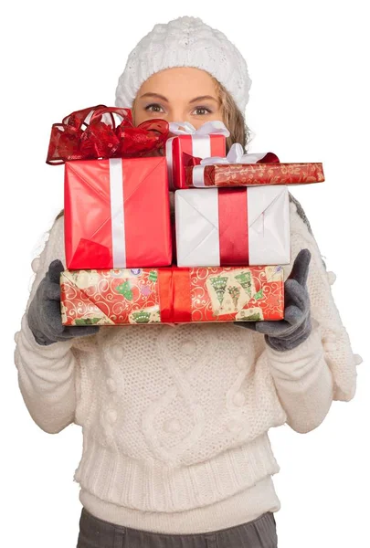 Nő, sok ajándék doboz — Stock Fotó