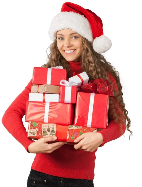 Vrouw met vele geschenkdozen — Stockfoto