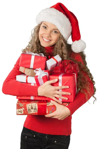 Mujer con muchas cajas de regalo — Foto de Stock