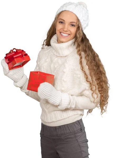 Vrouw met veel doos van de gift — Stockfoto