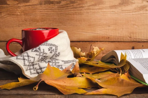 Heißer Kaffee, Buch und Herbstblätter — Stockfoto