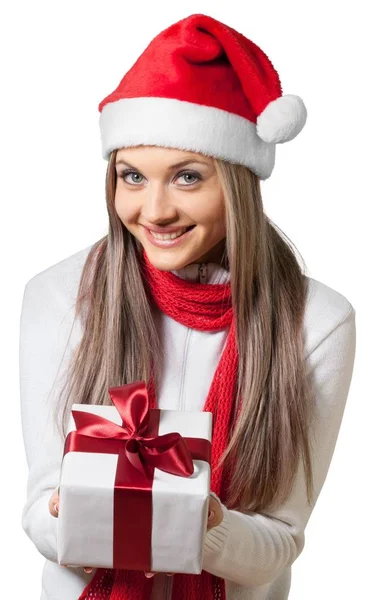 Mooie vrouw in santa hoed — Stockfoto