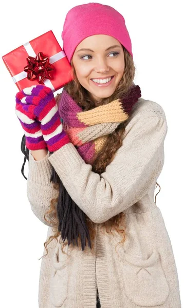 Vrouw met veel doos van de gift — Stockfoto