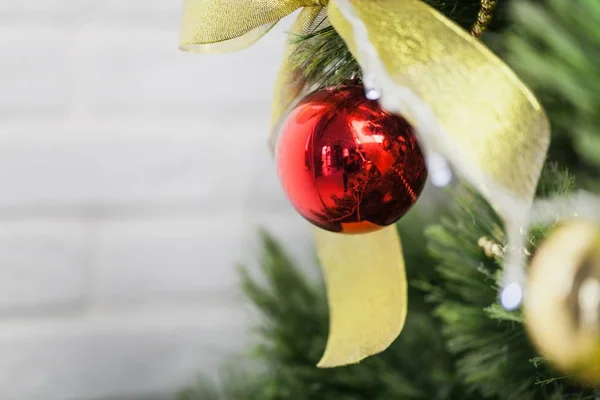 Red bauble on  christmas  fir tree — Stock Photo, Image