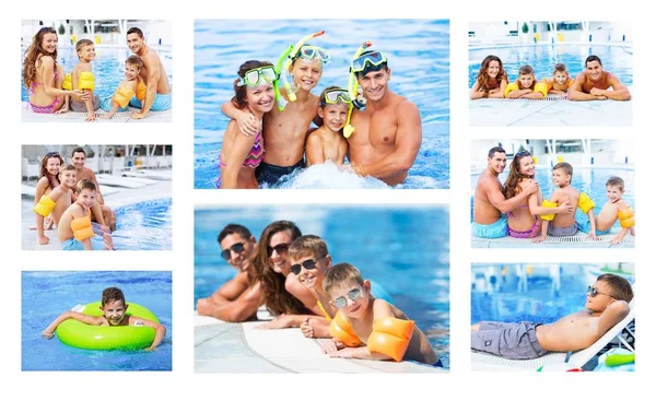 Família feliz brincando na piscina. — Fotografia de Stock