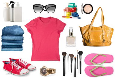 beyaz arka plan üzerinde izole moda giysi ve aksesuarları seti 