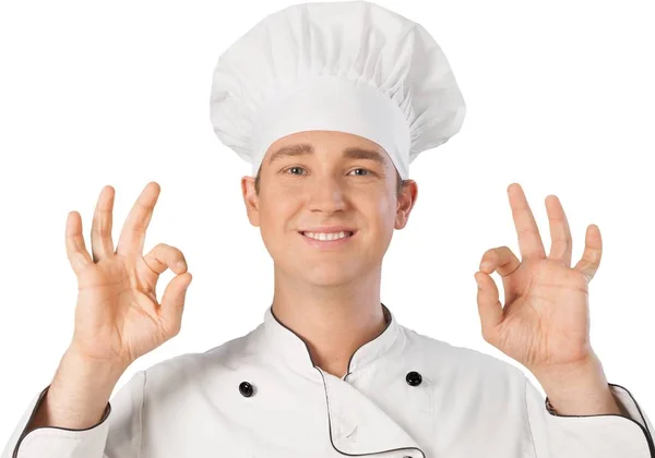 Профессиональный повар в белой шляпе — стоковое фото