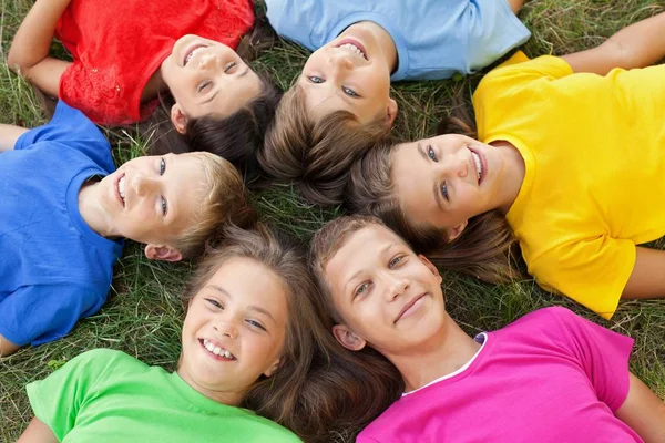 Cheerful Children Green Grass Childhood Concept Photo Billiondigital — Stock Photo, Image