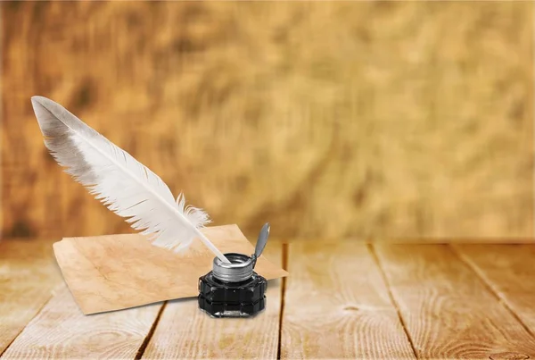 Tüy tüy kalem ve cam InkWell — Stok fotoğraf