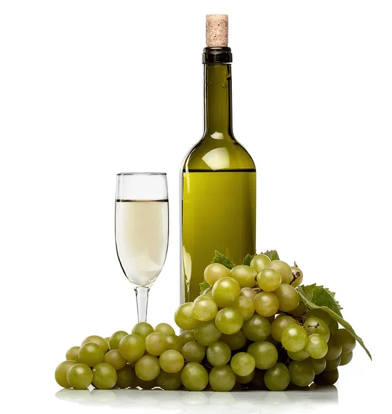 Bottle of white wine, glass and grapes — Stock Photo, Image