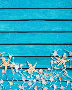 Seashell mavi ahşap zemin üzerine