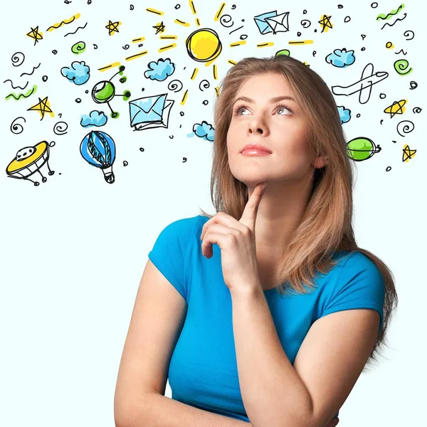 Young businesswoman with doodle icons — Stock Photo, Image