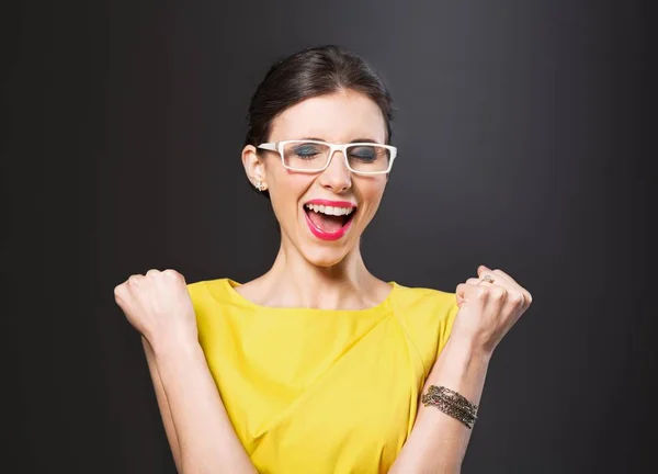 Gana Concepto Chica Nerd Alegría Gafas Divertido —  Fotos de Stock