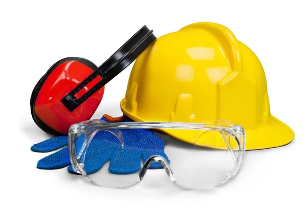 Safety helmet with earphones and goggles — Stock Photo, Image