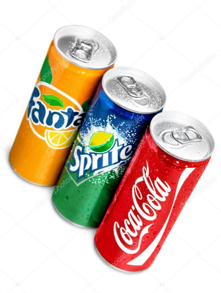 Coca Cola, Fanta and Sprite cans isolated on white background