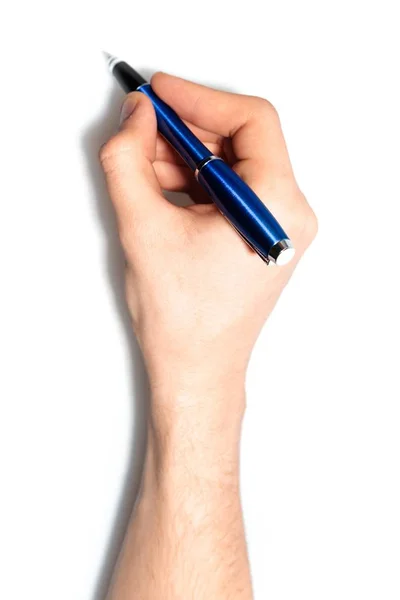 Homem mão segurando caneta azul — Fotografia de Stock