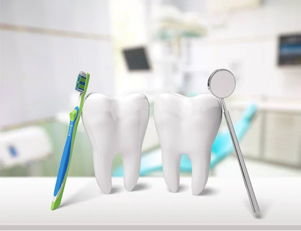 Big teeth, toothbrush and dentist mirror — Stock Photo, Image