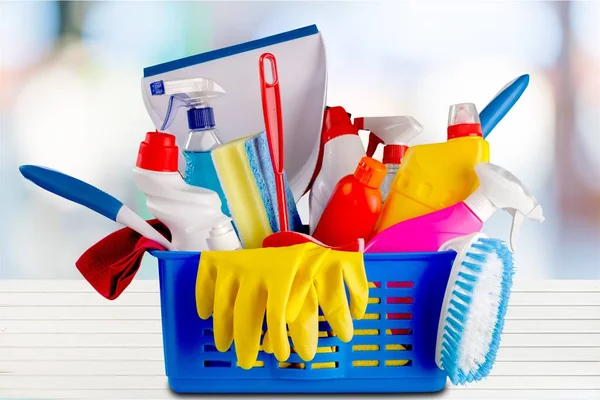 Plastic bottle, cleaning  gloves and bucket — Stock Photo, Image