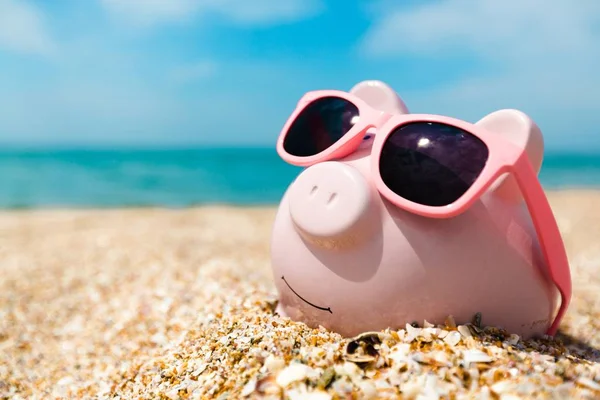 Banco Piggy com óculos de sol na praia — Fotografia de Stock